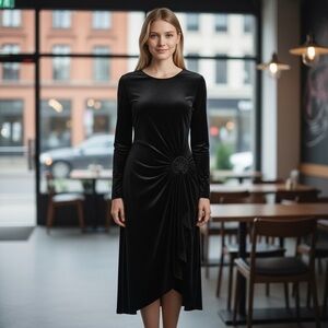 Joseph Ribkoff black, jersey knit, stretch, gathered at the waist, flowing dress
